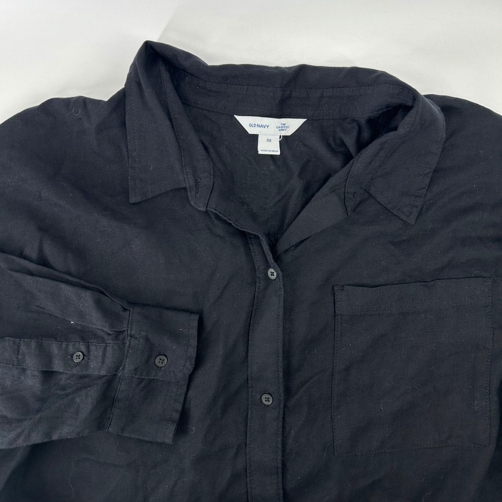 Old Navy Cropped Shirt Womens 3X Black Linen Blend Button Down NWT Plus Size